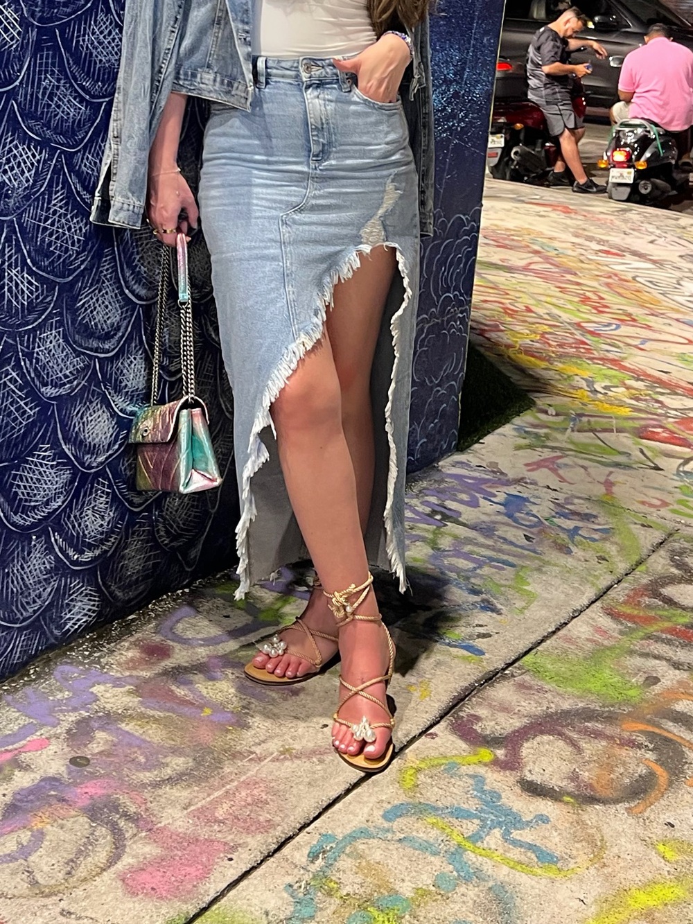 Forever 21 Light Wash Denim Asymmetrical Frayed Maxi Skirt